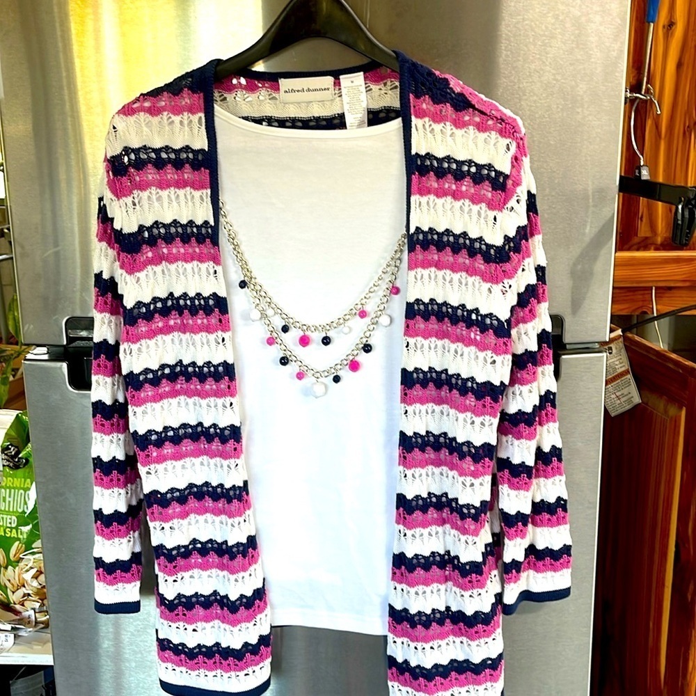 Alfred Dunner Crochet Striped raspberry blue & white open Cardigan Long Sleeve M